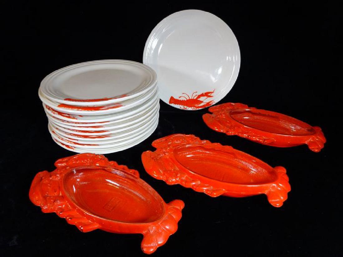 15 PC LOBSTER SERVEWARE, INCLUDES 12 PLATES AND 3 GLASS: 15 PC LOBSTER SERVEWARE, INCLUDES 12 PLATES AND 3 GLASS WARE LOBSTER FORM BOWLS, PLATES MARKED HANDPAINTED MADE IN CZECHOSLOVAKIA, GLASS BOWLS MARKED "GLASSWARE", GOOD CONDITION WITH SOME CRAZING TO G