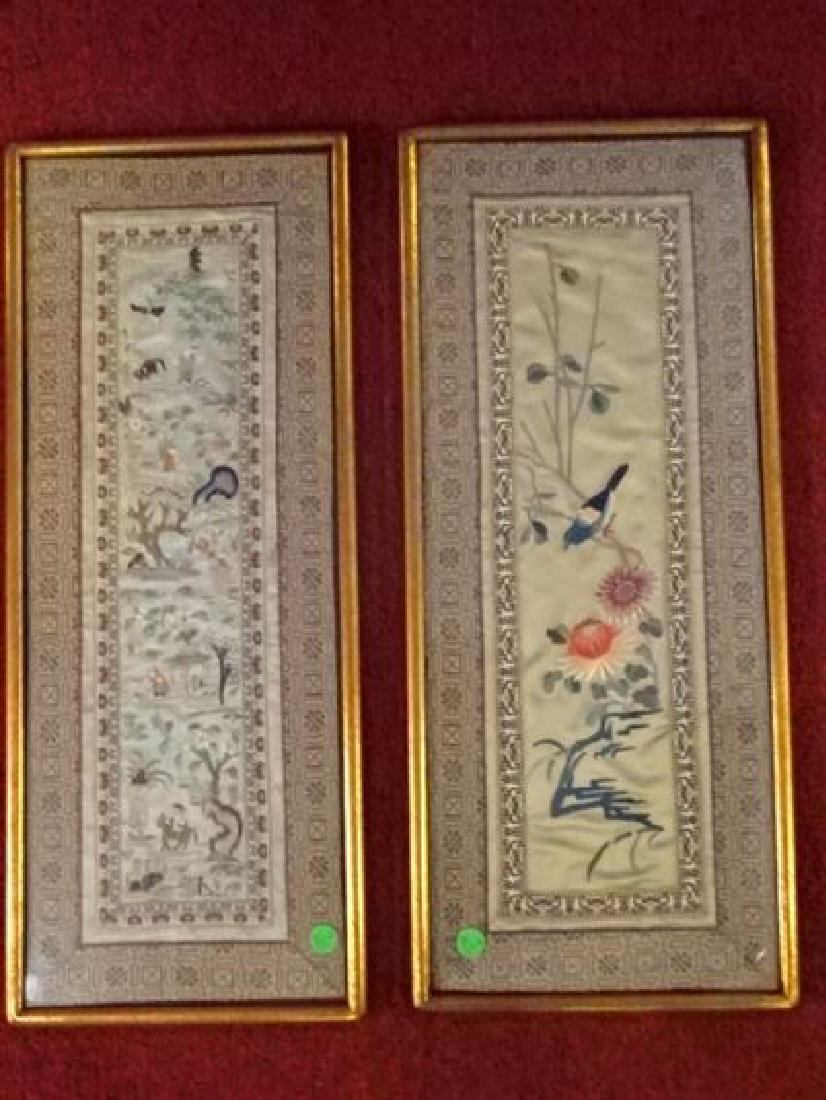 2 ASIAN EMBROIDERED SILK PANELS, BIRDS, FLOWERS, AND (1 of 9)