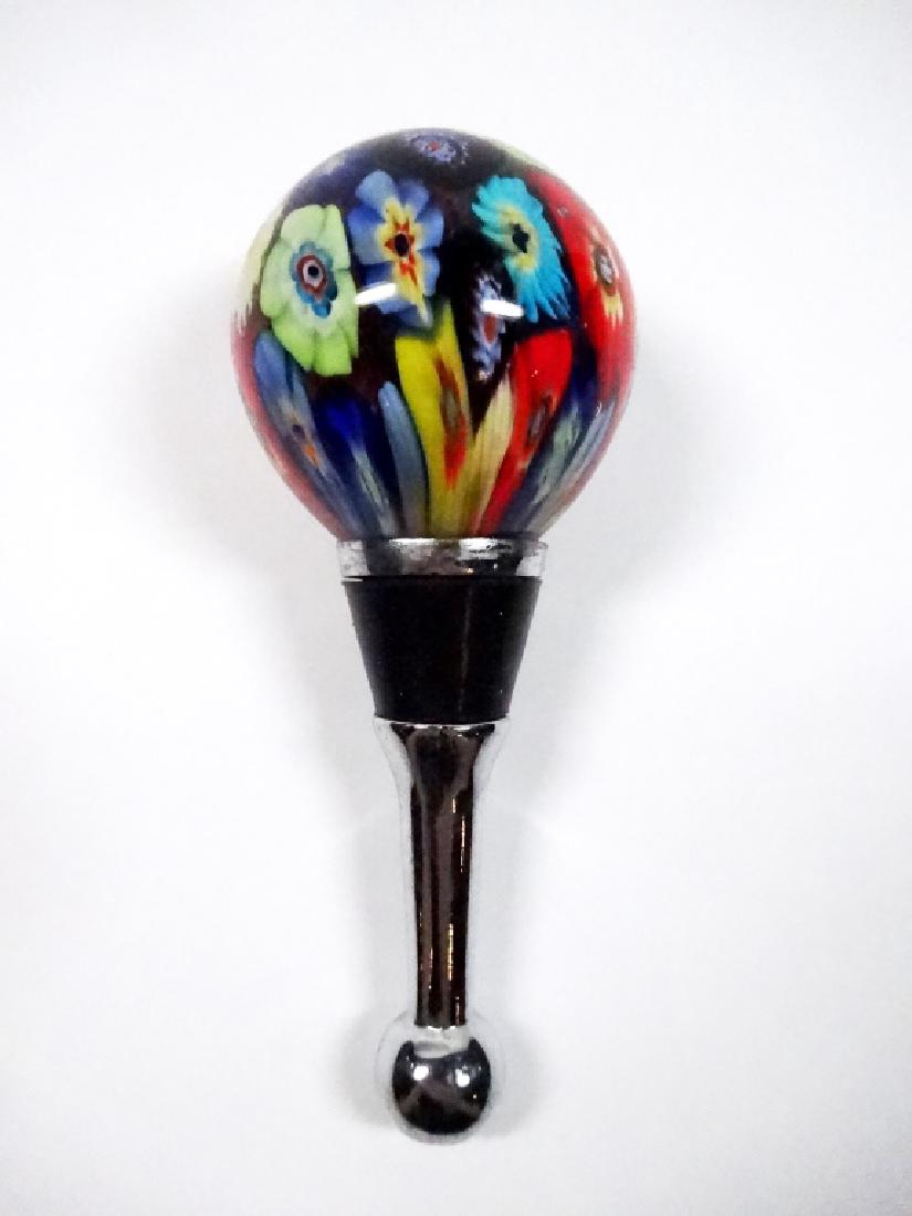 MURANO STYLE ART GLASS WINE STOPPER, ROUND, MULTICOLOR,: MURANO STYLE ART GLASS WINE STOPPER, ROUND, MULTICOLOR, APPROX 4"H, WITH BOX