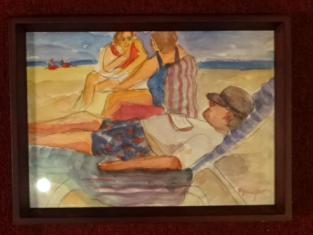 WATERCOLOR PAINTING ON PAPER, BEACH SCENE WITH MAN AND (1 of 4)