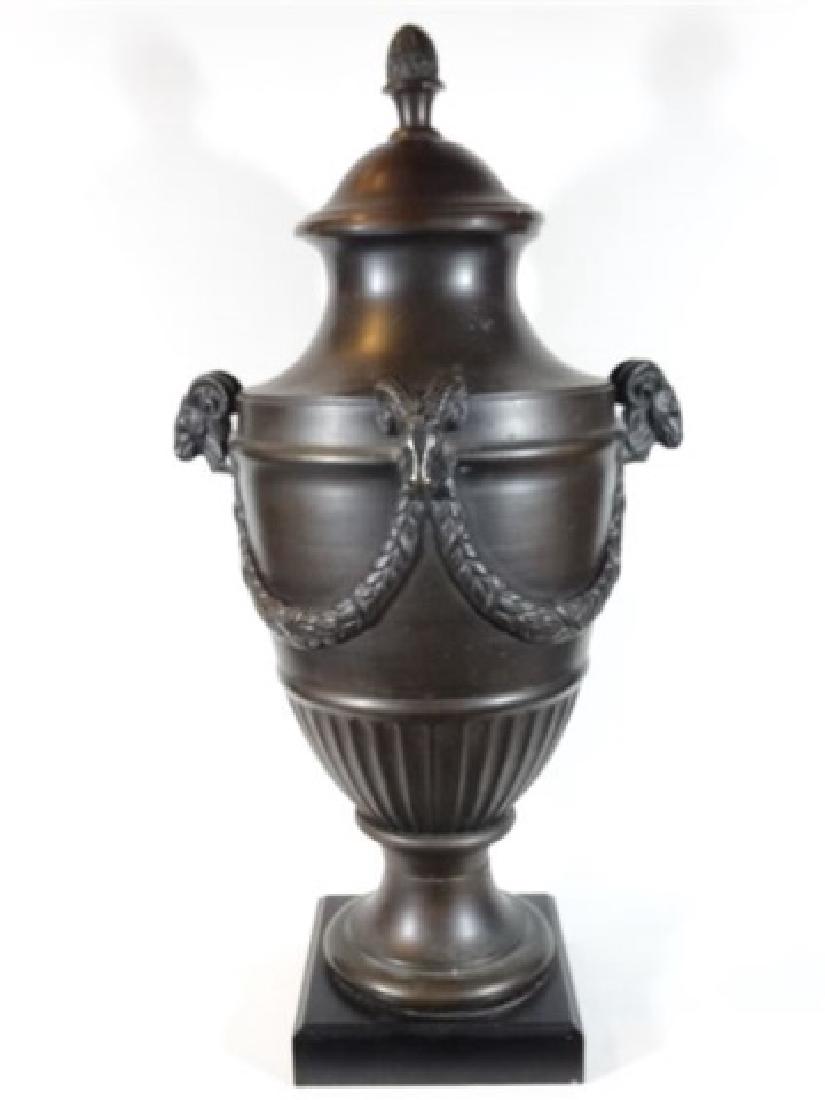 LARGE BRONZE URN WITH LID, RAM'S HEADS AND GARLANDS, (1 of 6)