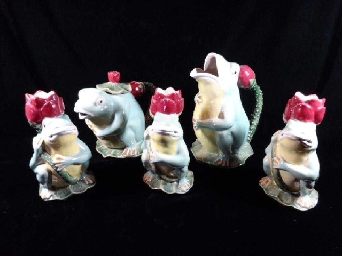 5 PC CERAMIC FROG PITCHERS & CANDLE HOLDERS, APPROX 8" (1 of 3)