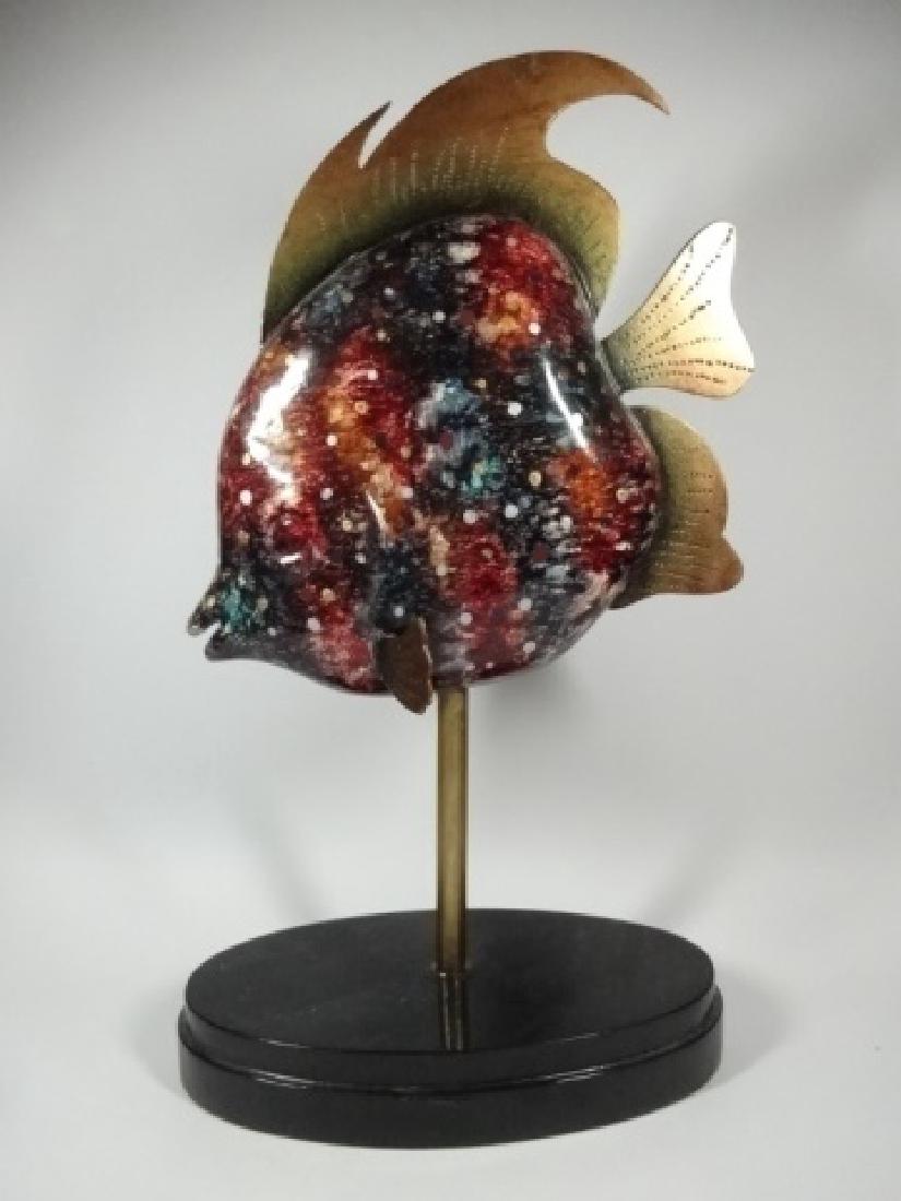 CERAMIC FISH SCULPTURE WITH METAL FINS, ON STAND, SMALL (1 of 6)