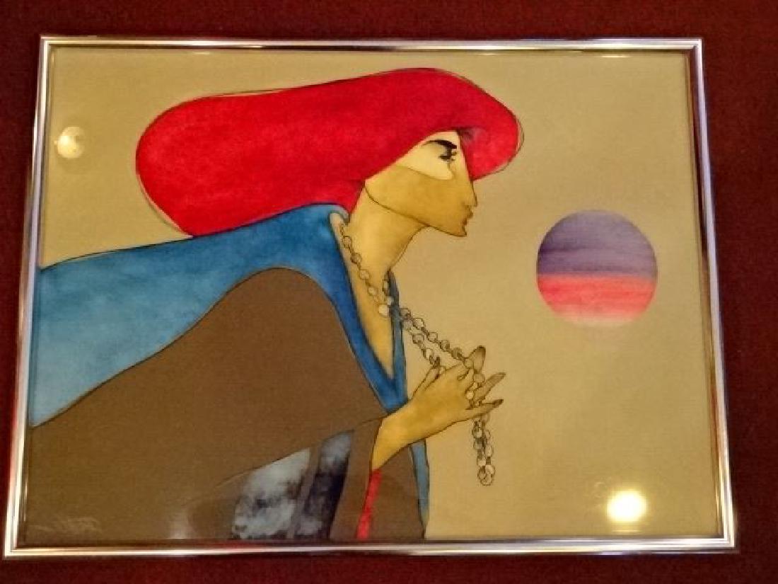 LARGE N. WATSON SIGNED PAINTING ON PAPER, LADY WITH RED (1 of 9)