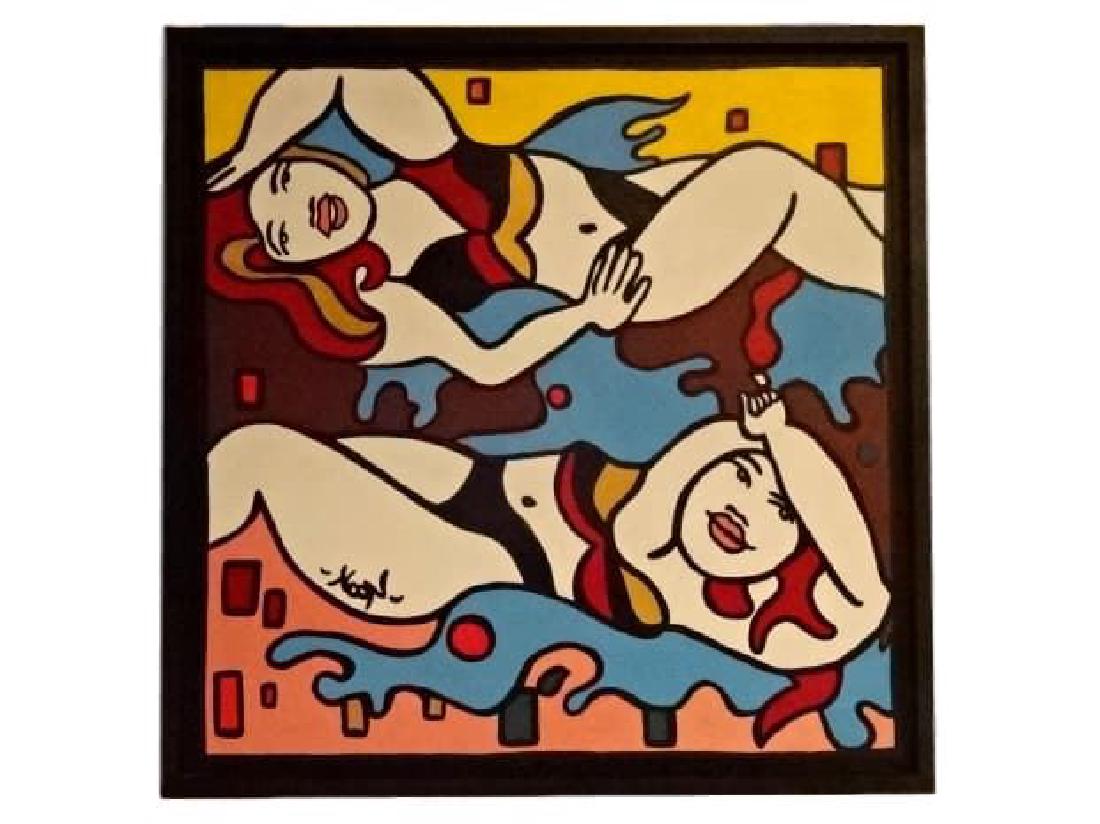LARGE ANOUCK JOURDAA ("NOON") ACRYLIC PAINTING ON: LARGE ANOUCK JOURDAA ("NOON") ACRYLIC PAINTING ON CANVAS, TWO RECLINING WOMEN. SIGNED NOON LOWER LEFT, IN MODERN BLACK FRAME, VERY GOOD CONDITION, FRAMED SIZE 26" X 26", SKU511.02 P120