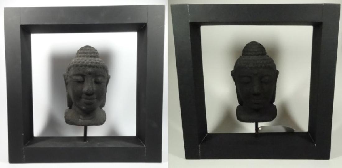 2 PC BUDDHA HEAD SCULPTURES, COMPOSITE, IN BLACK FRAME, (1 of 8)