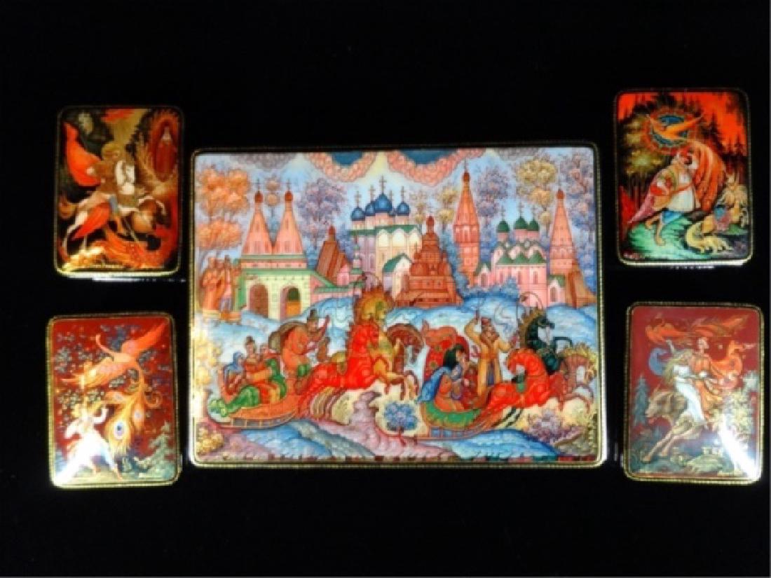 5 PC RUSSIAN HAND PAINTED LACQUERED BOXES, ARTIST (1 of 9)