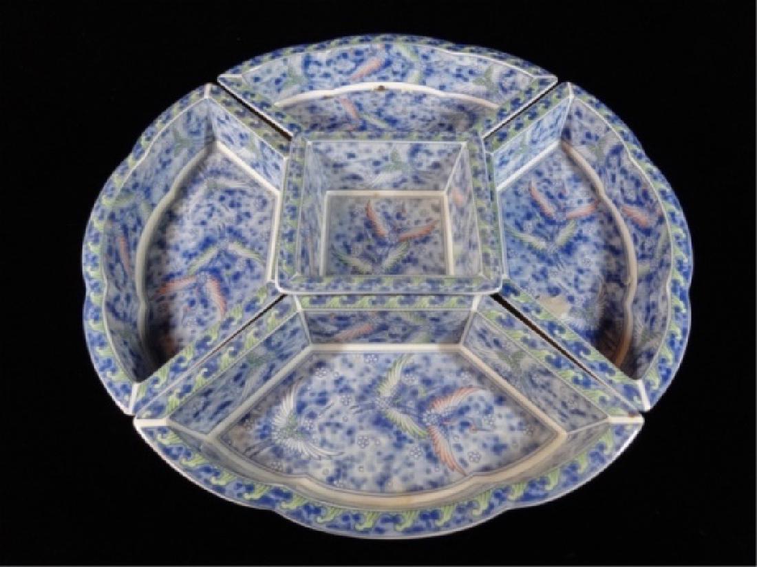 5 PC ASIAN PORCELAIN CRUDITE SERVEWARE, CRANE DESIGN,: 5 PC ASIAN PORCELAIN CRUDITE SERVEWARE, CRANE DESIGN, HAND PAINTED, APPROX 3"H X 14" DIAMETER