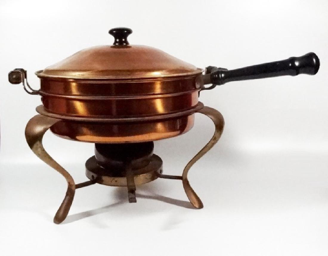 COPPER CHAFING PAN WITH STAND, WOODEN HANDLE, GOOD (1 of 7)