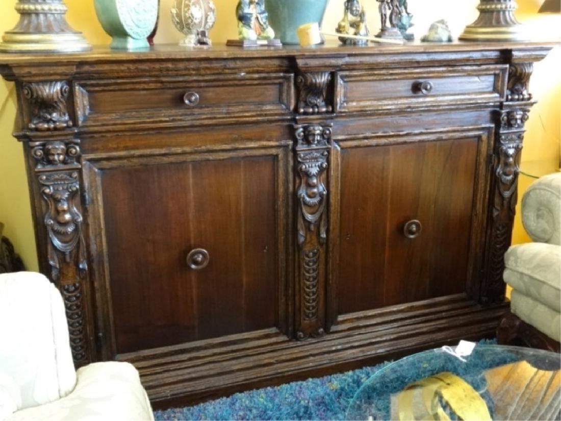 ITALIAN ANTIQUE SIDEBOARD, CARVED FIGURAL COLUMNS, 2: ITALIAN ANTIQUE SIDEBOARD, CARVED FIGURAL COLUMNS, 2 DRAWERS ABOVE 2 CABINET DOORS, VERY GOOD VINTAGE CONDITION, 78"W X 47"H X 24"D, *** ONLINE PREVIEW ONLY***, SKUSF
