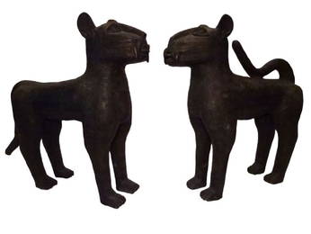 2 LARGE BENIN BRONZE LEOPARD SCULPTURES, ONE WITH TAIL