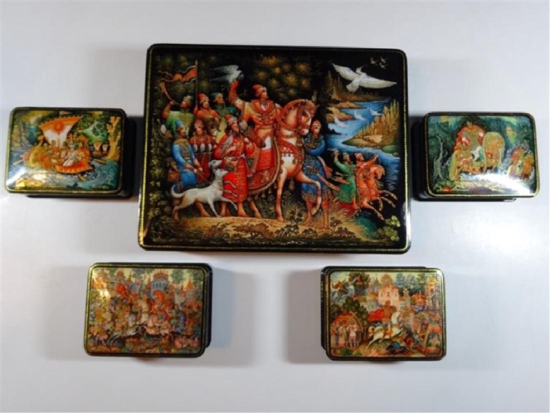 5 PC RUSSIAN HAND PAINTED LACQUERED BOXES, ARTIST (1 of 9)
