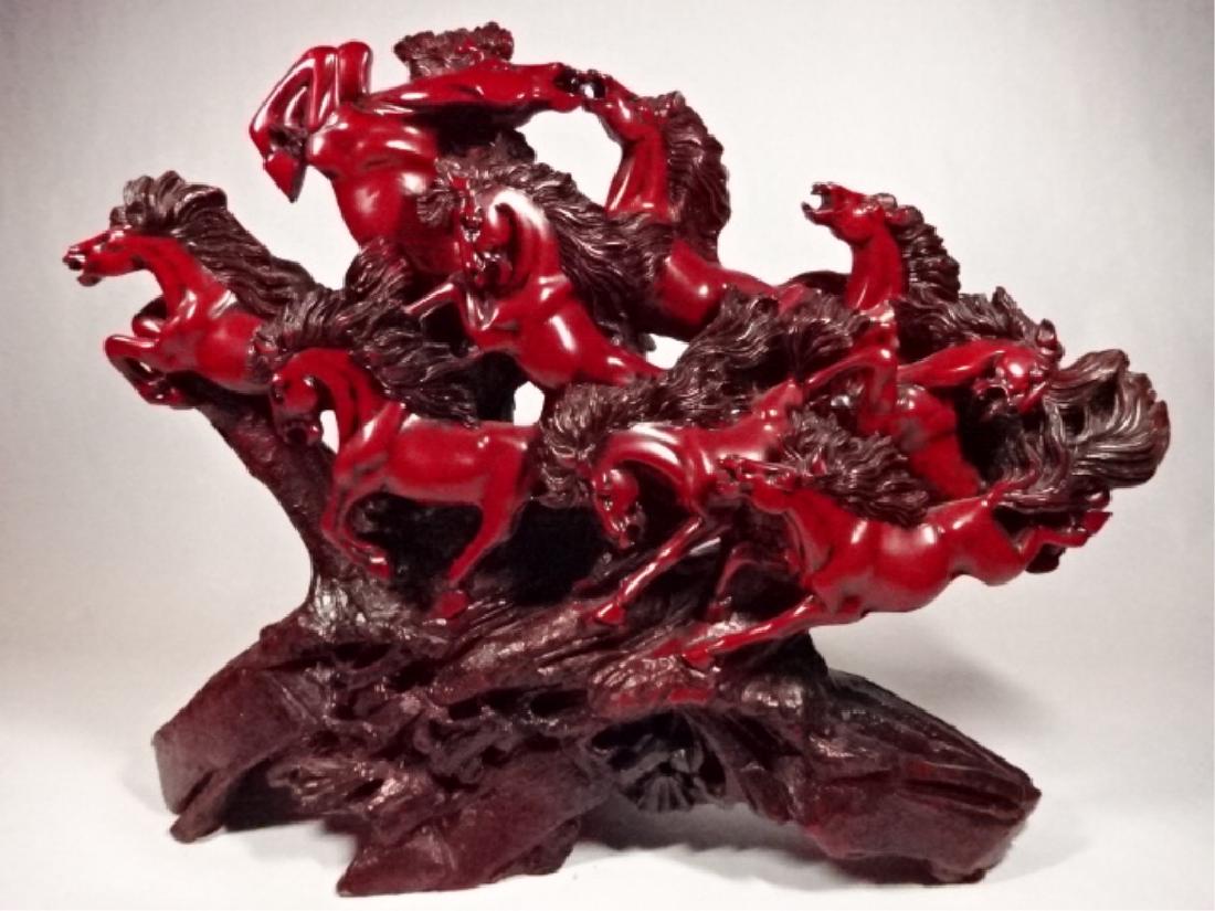 LARGE CHINESE 9 HORSES SCULPTURE, CINNABAR FINISH RESIN (1 of 8)