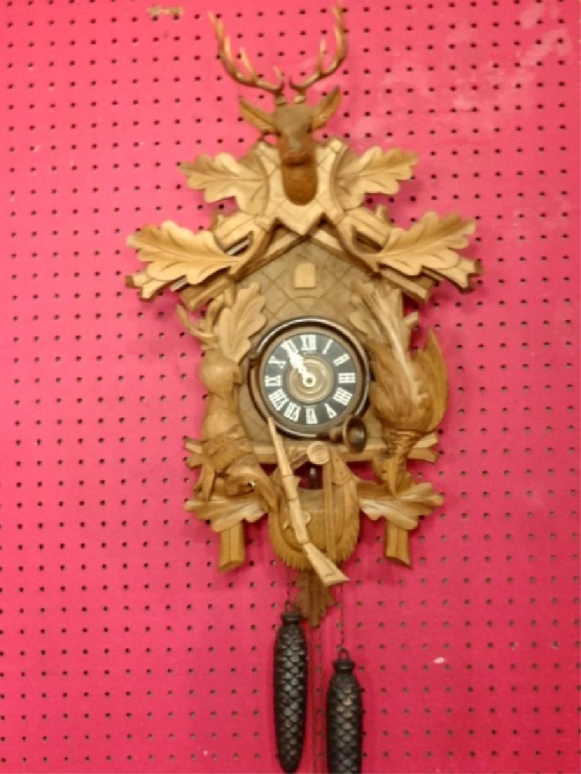 CARVED WOOD CUCKOO CLOCK WITH STAG AND GAME MOTIF, VERY (1 of 5)