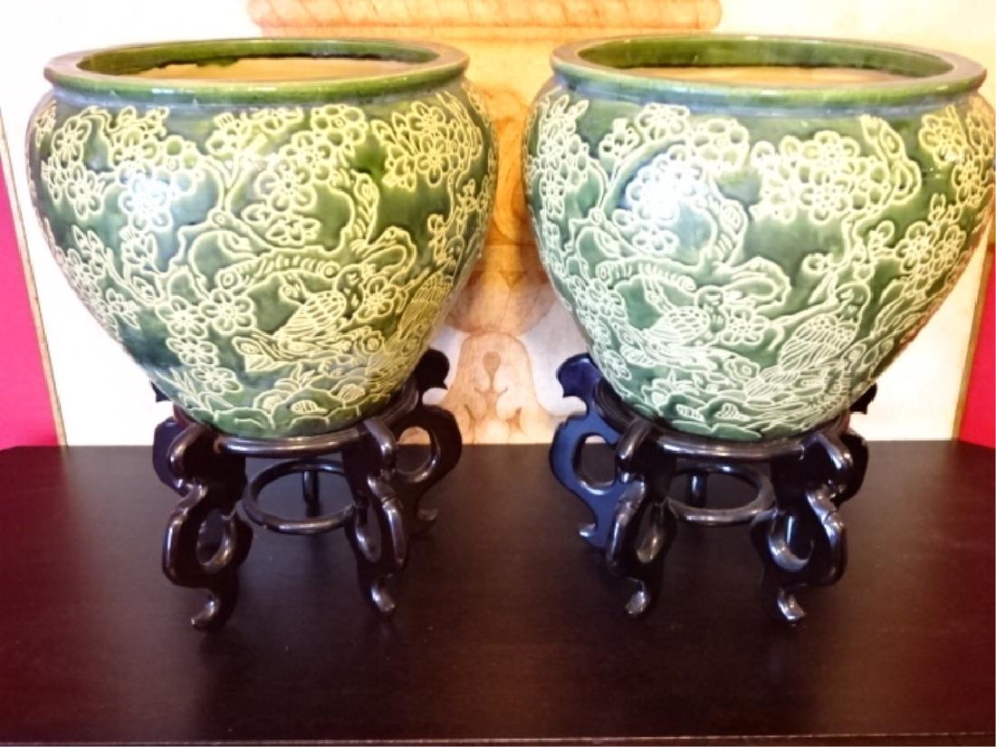 PAIR LARGE CERAMIC JARDINERES / PLANTERS, GREEN AND (1 of 7)