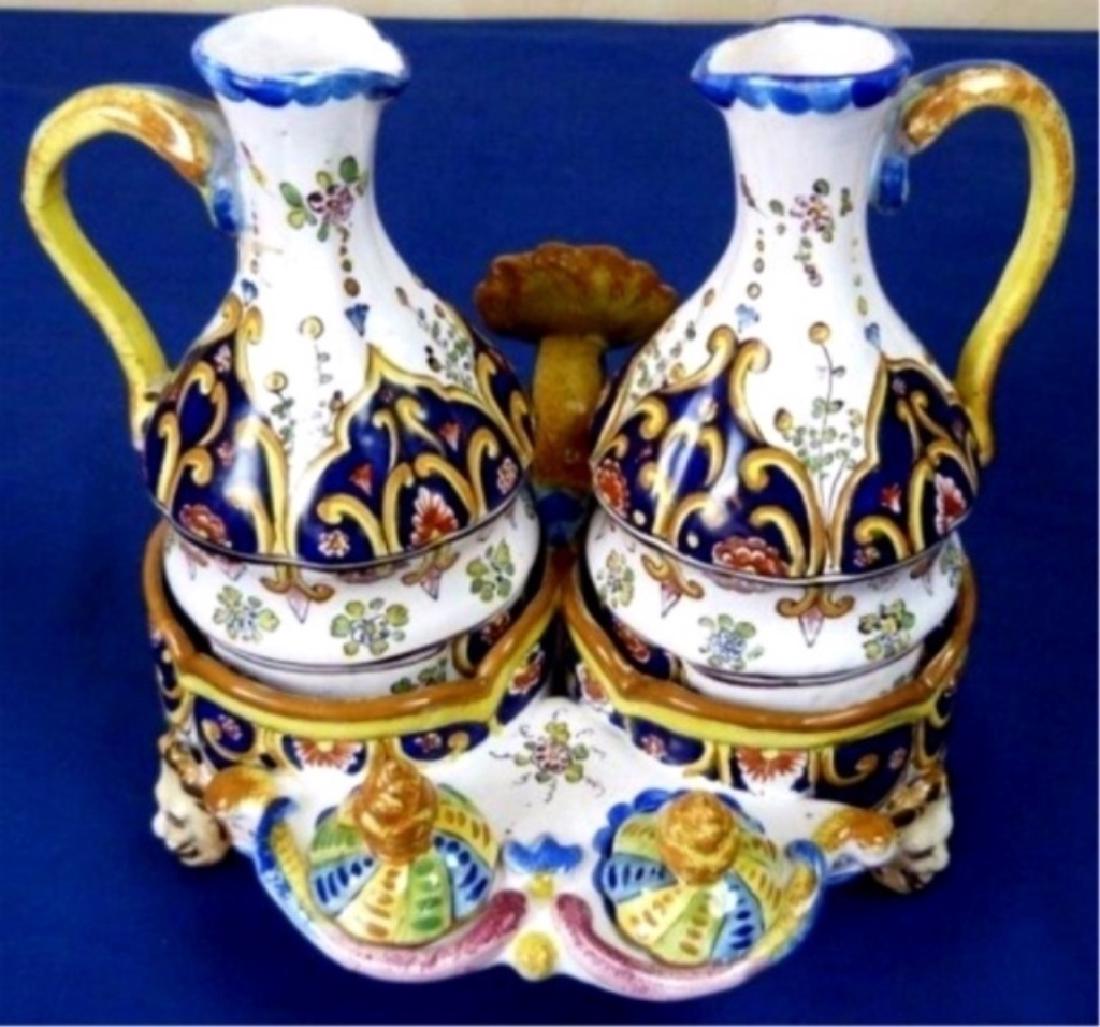CIRCA 1850 ROUEN & SEVRES, FRANCE, FAIENCE MAJOLICA OIL: CIRCA 1850 ROUEN & SEVRES, FRANCE, FAIENCE MAJOLICA OIL AND VINEGAR CRUET IN 18TH CENTURY ROCOCO STYLE MARKED ON BOTTOM ROUEN & SEVRES INITIALS L.Â., APPROX 8"H X 8" X7"