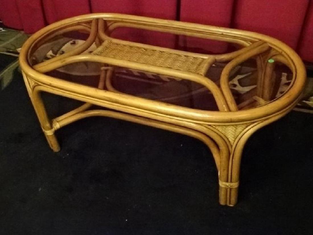 OVAL BAMBOO AND WOOD COFFEE TABLE, GLASS INSET TOP, (1 of 6)