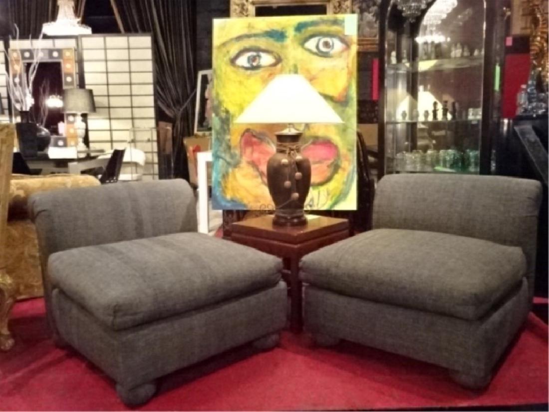 PAIR GRAY UPHOLSTERED SLIPPER CHAIRS, VERY GOOD (1 of 5)