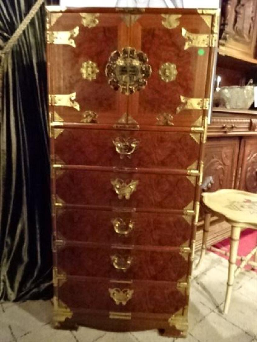 CHINESE BURL WOOD 11 DRAWER CHEST, 2 UPPER DOORS WITH 6 (1 of 7)