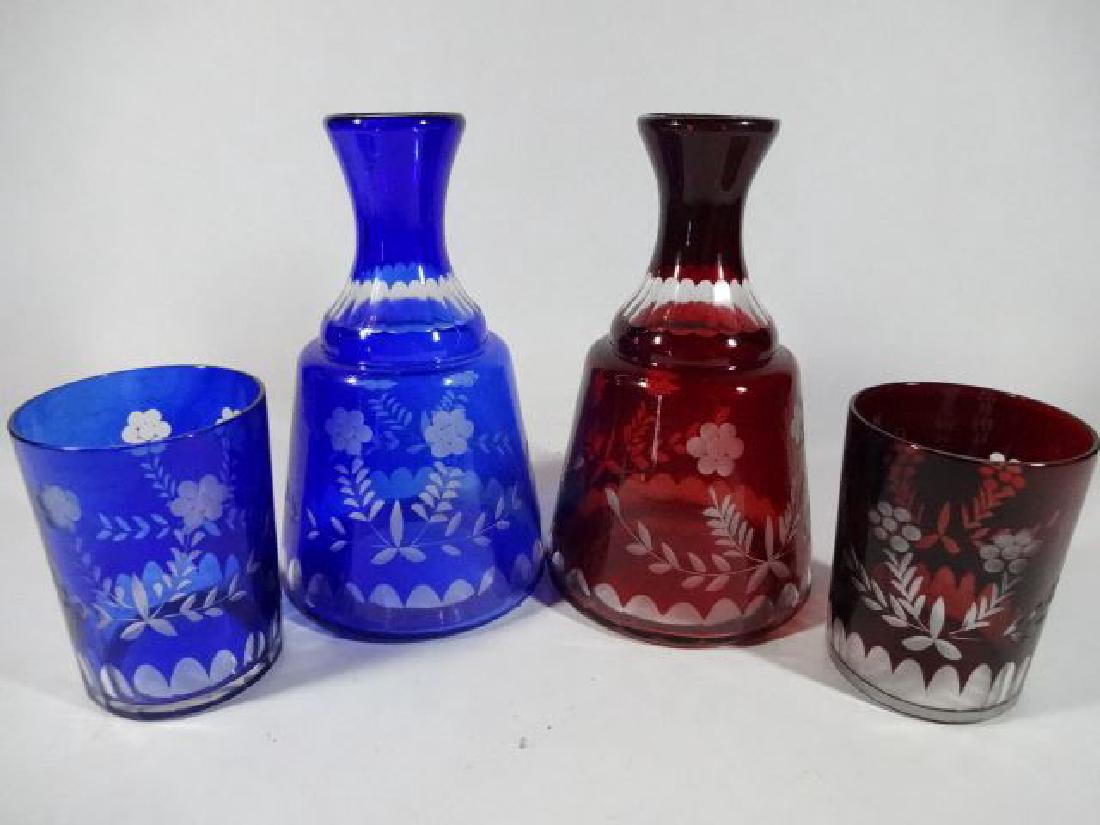 TWO 2 PC ETCHED GLASS DECANTERS WITH TUMBLERS, COBALT (1 of 4)