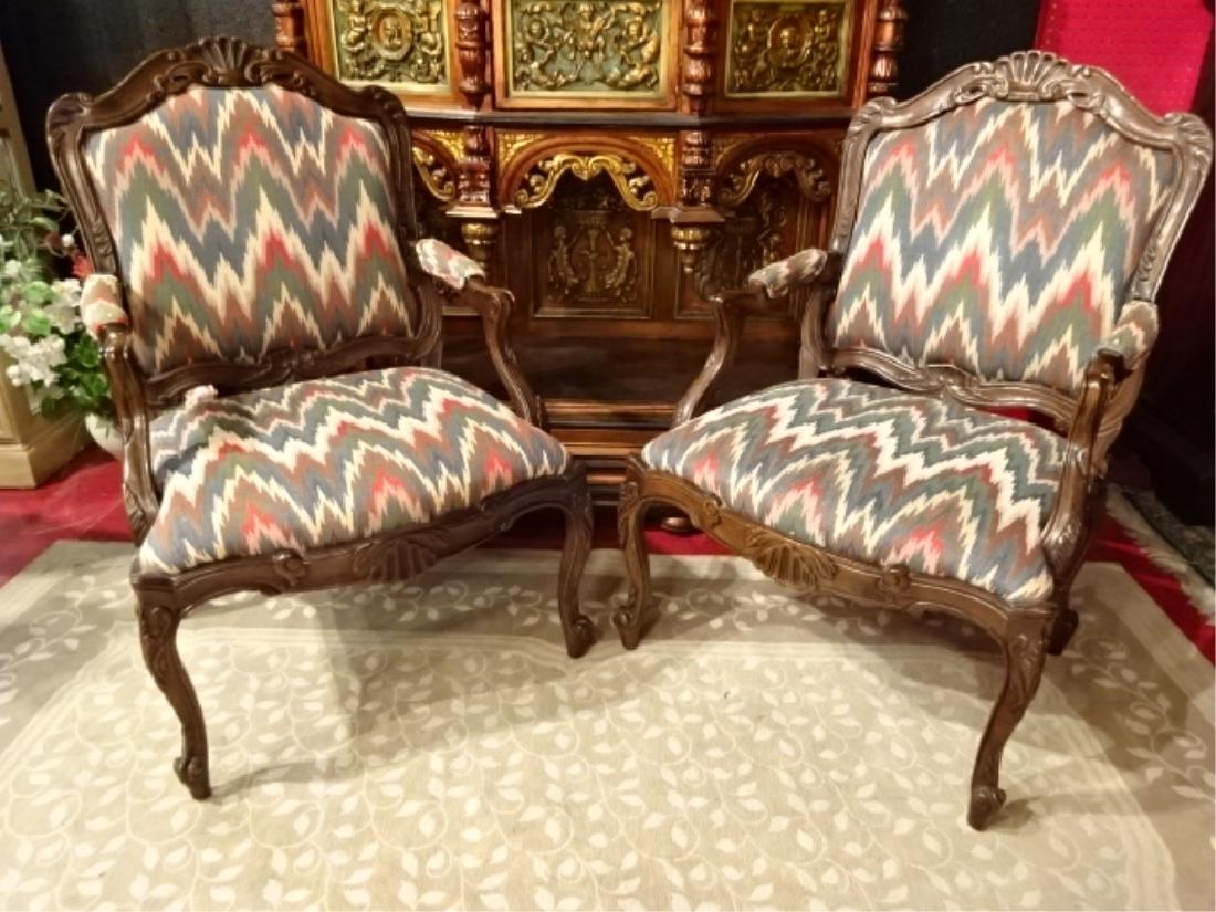 PAIR SHERRILL LOUIS XV STYLE OPEN ARMCHAIRS, DARK (1 of 8)