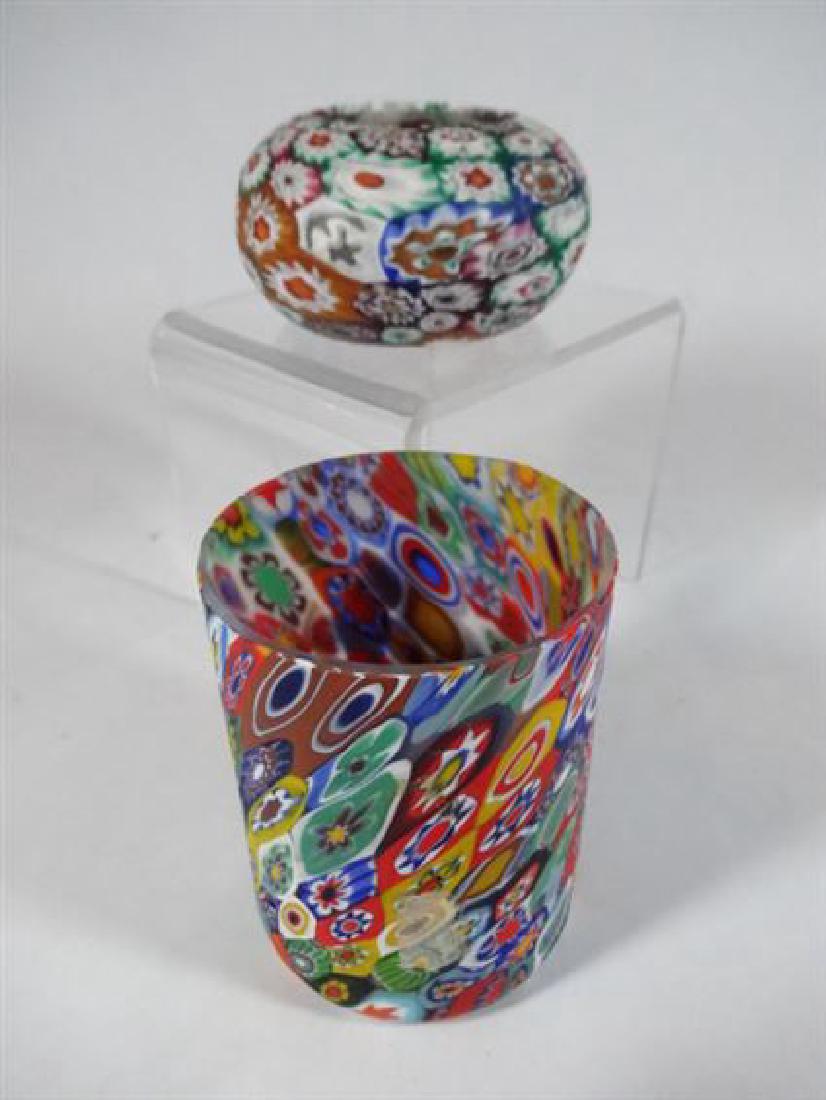 2 PC VINTAGE ITALIAN VENETIAN MURANO GLASS CUP AND BOWL: 2 PC VINTAGE ITALIAN VENETIAN MURANO GLASS CUP AND BOWL WITH MILLEFIORI DESIGN, VERY GOOD CONDITION, 2" X 4" AND 2" X 3", SKU567.17
