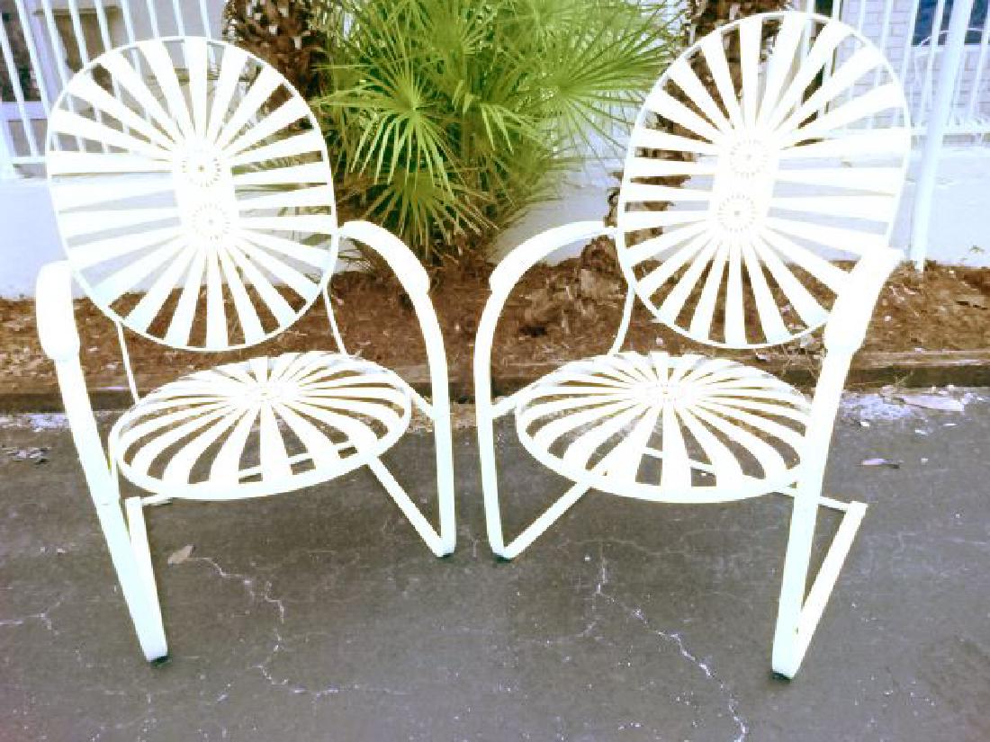 PAIR VINTAGE FRANCOIS CARRE STARBURST PATIO ARMCHAIRS,: PAIR VINTAGE FRANCOIS CARRE STARBURST PATIO ARMCHAIRS, SPRUNG STEEL, SPRUNG STEEL FLEX BOTTOMS, WHITE ENAMEL FINISH, VERY GOOD CONDITION WITH MINIMAL PAINT LOSS AND MINOR RUST, 42.5" X 28" X 25", SKU5