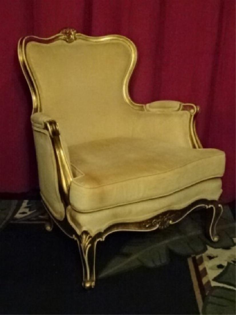 LOUIS XV STYLE GOLD GILT WOOD BERGERE ARMCHAIR, YELLOW: LOUIS XV STYLE GOLD GILT WOOD BERGERE ARMCHAIR, YELLOW VELVET UPHOLSTERY, VERY GOOD CONDITION WITH SOME LIGHT FADING, 36"H X 29"W X 29"D, SKU461.01 P50