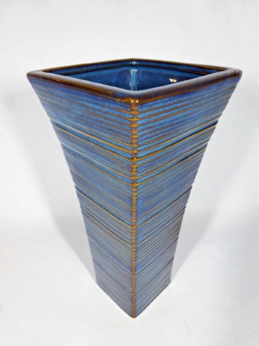 BLUE POTTERY VASE, FLARED SQUARE BODY, LIGHT BLUE: BLUE POTTERY VASE, FLARED SQUARE BODY, LIGHT BLUE GLAZE, VERY GOOD CONDITION, 10" X 5"
