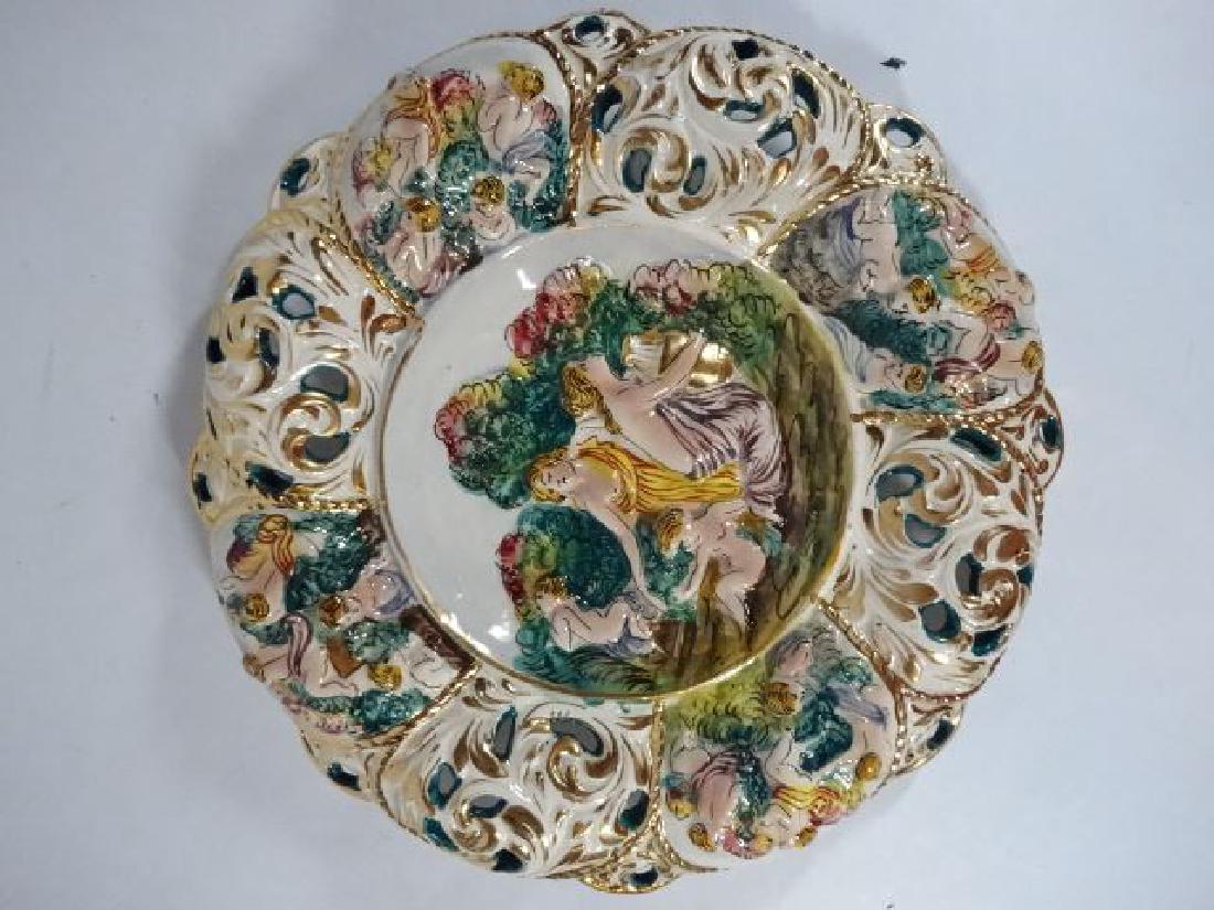 CAPODIMONTTE PORCELAIN HANDPAINTED PLATE, GILT ACCENTS,: CAPODIMONTTE PORCELAIN HANDPAINTED PLATE, GILT ACCENTS, PAINTED FIGURES AND FOLIATE DESIGNS, MARKED CAPODIMONTE ITALY, 12"W, SKU567