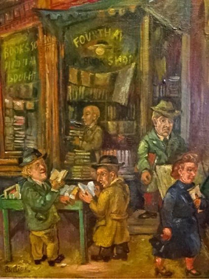 DAVID BURLIUK (RUSSIAN-UKRAINIAN 1882-1967) OIL ON CANV: DAVID BURLIUK (RUSSIAN-UKRAINIAN 1882-1967) OIL ON CANVAS PAINTING, FOURTH AVE BOOK SHOP NEW YORK, SIGNED BURLIUK LOWER LEFT, FRAMED SIZE 27.5"H X 23.5"W, CANVAS SIZE 20" X 16", SKU579 H1200