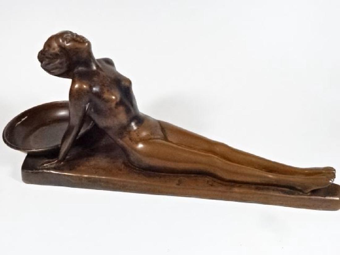BRONZE FINISH METAL SCULPTURE, RECLINING FEMALE NUDE: BRONZE FINISH METAL SCULPTURE, RECLINING FEMALE NUDE WITH TRAY, VERY GOOD CONDITION, 13" X 4.5" X 5.5", SKU575.06