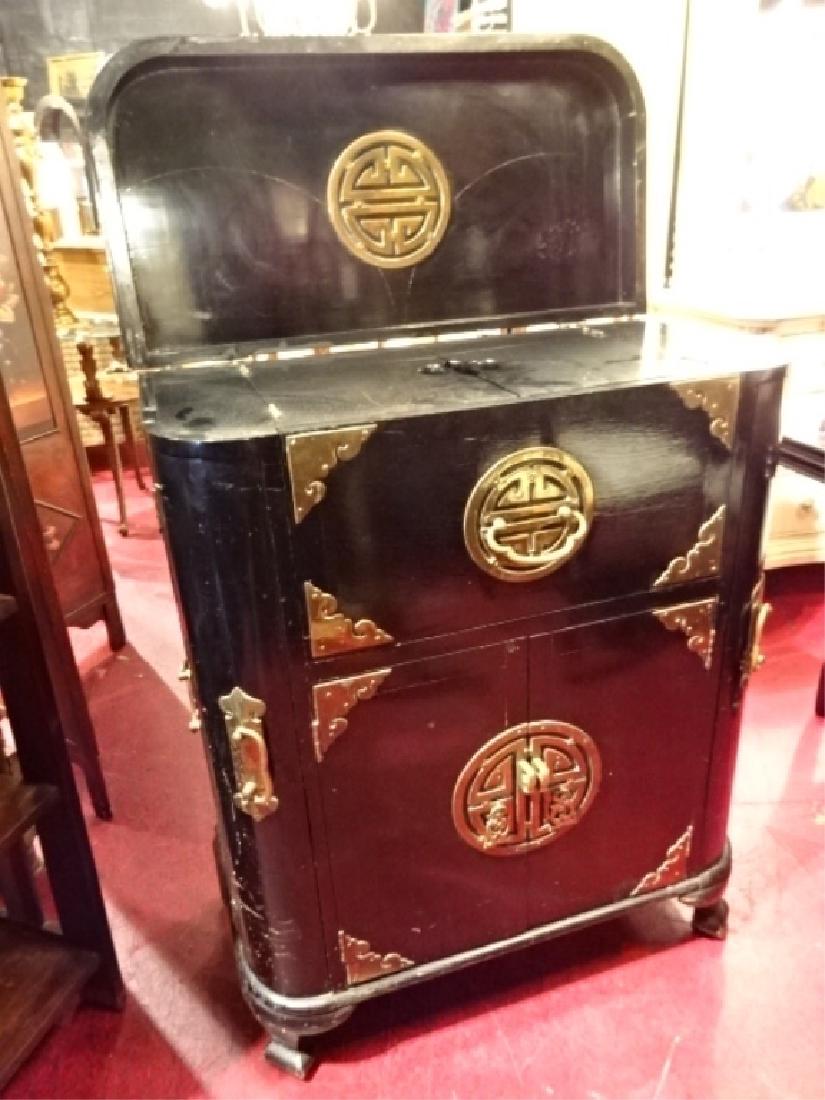 CHINESE BAR CABINET, BLACK LACQUER WITH HEAVY BRASS (1 of 9)