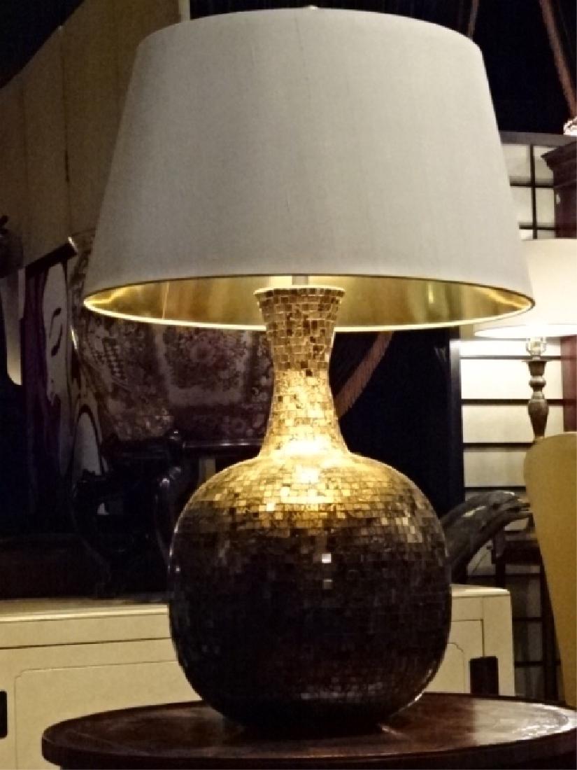 LARGE GOLD GLASS MOSAIC TILE LAMP, VERY GOOD CONDITION,: LARGE GOLD GLASS MOSAIC TILE LAMP, VERY GOOD CONDITION, LAMP SHADE INCLUDES UPPER DIFFUSER, VERY GOOD CONDITION, 31"H, SKU552.02 P40