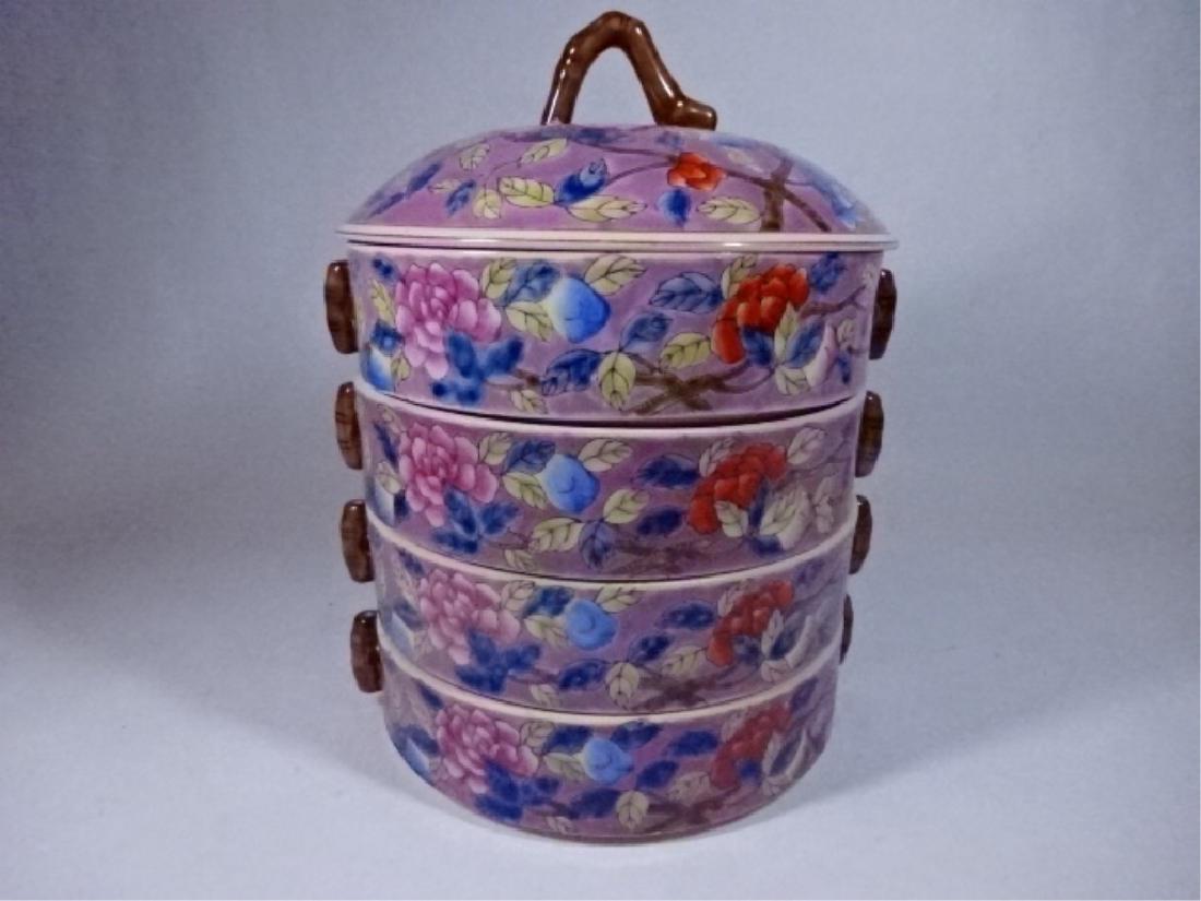 4 PC CHINESE PORCELAIN STACKING BOWLS WITH LID, PAINTED (1 of 5)