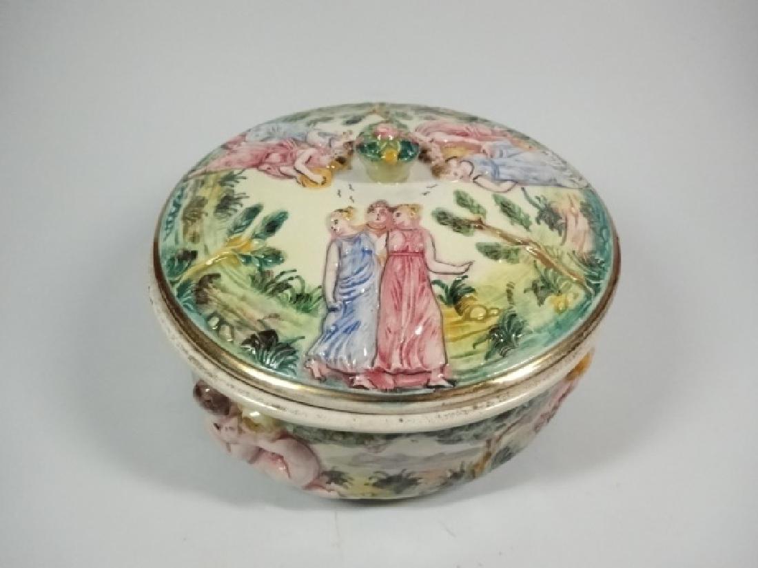 ITALIAN POTTERY ROUND BOX WITH LID, LID FITS LOOSELY,: ITALIAN POTTERY ROUND BOX WITH LID, LID FITS LOOSELY, MARKED ITALY, APPROX 6.5" DIAMETER X 3.25"H