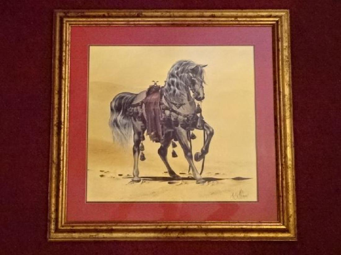 LARGE COLOR LITHOGRAPH, HORSE WITH SADDLE, SIGNED ADAMS (1 of 6)