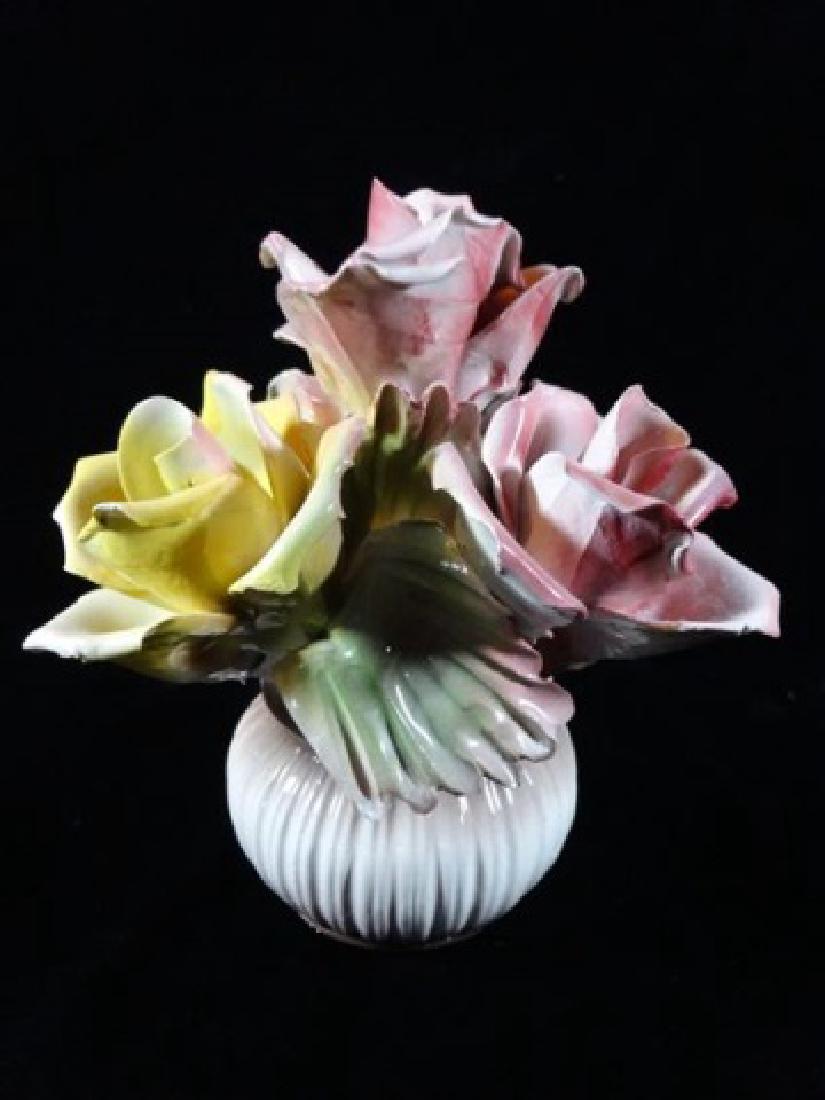 CAPODIMONTE ITALIAN PORCELAIN FLOWERS IN VASE, WITH N: CAPODIMONTE ITALIAN PORCELAIN FLOWERS IN VASE, WITH N AND CROWN MARK, MADE IN ITALY, VERY GOOD CONDITION WITH A COUPLE MINOR CHIPS TO PETALS, 9"H X 7"W, SKU454.23