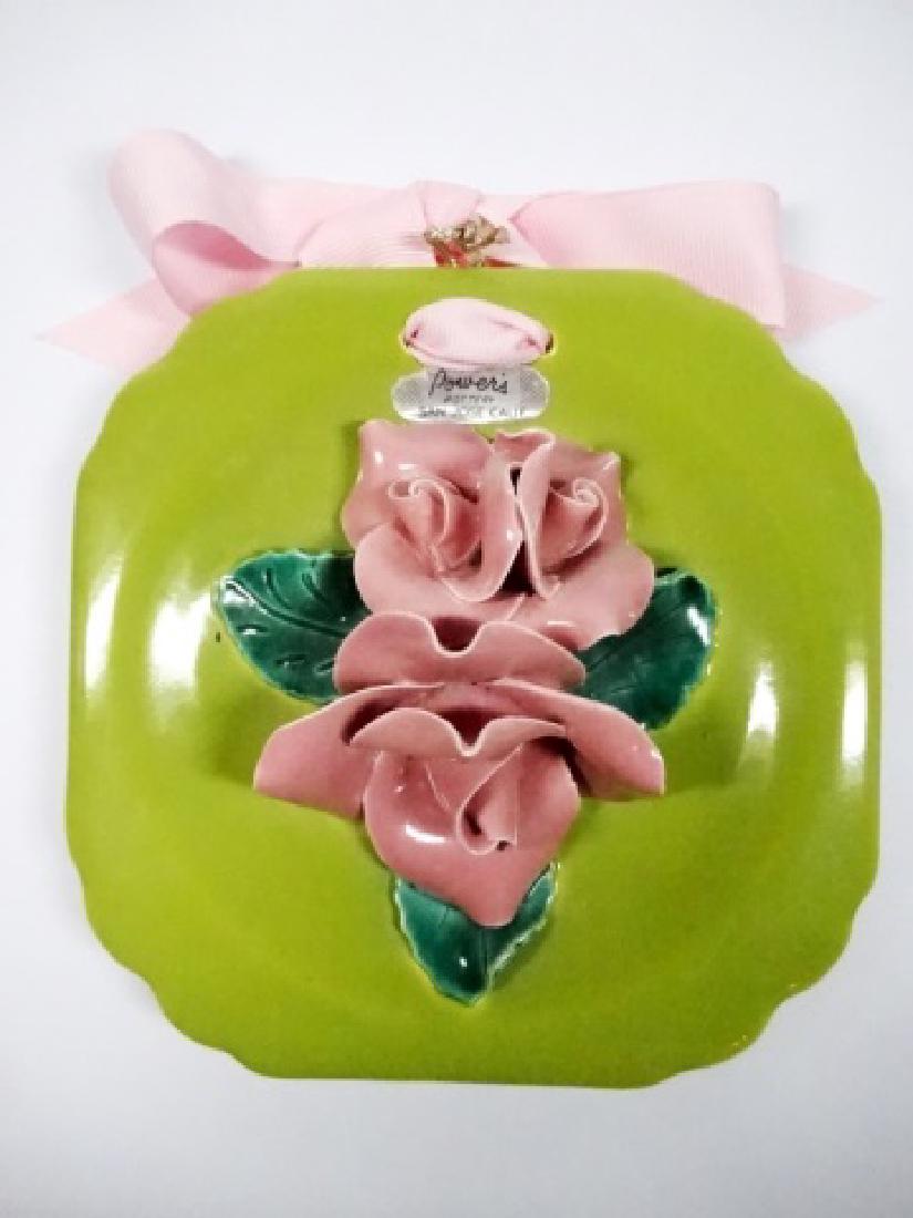 POTTERY PLATE, GREEN WITH SCULPTURAL ROSE, WITH POWER'S: POTTERY PLATE, GREEN WITH SCULPTURAL ROSE, WITH POWER'S POTTERY SAN JOSE CA LABEL, APPROX 5.75" X 5.75"