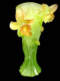 DAUM FRANCE CRYSTAL DAFFODILS VASE, PATE DE VERRE