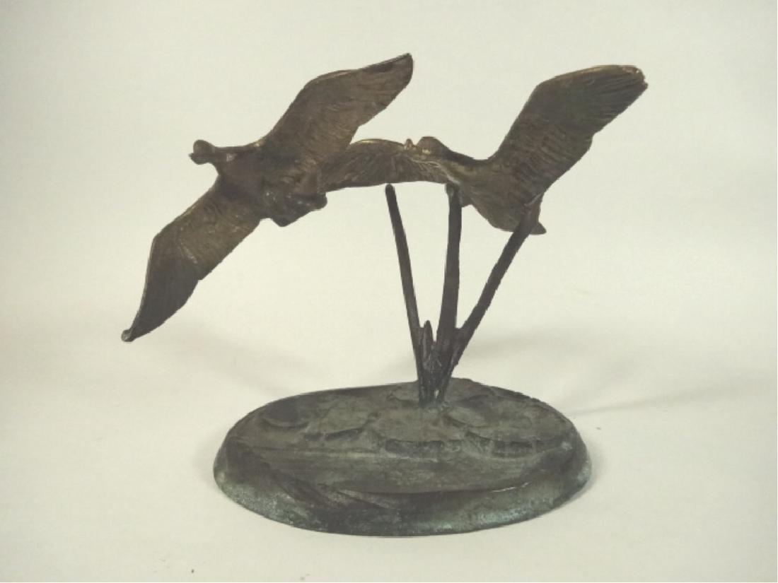 BRASS BIRD SCULPTURE, 2 FLYING GEESE ON ROUND BASE WITH (1 of 8)