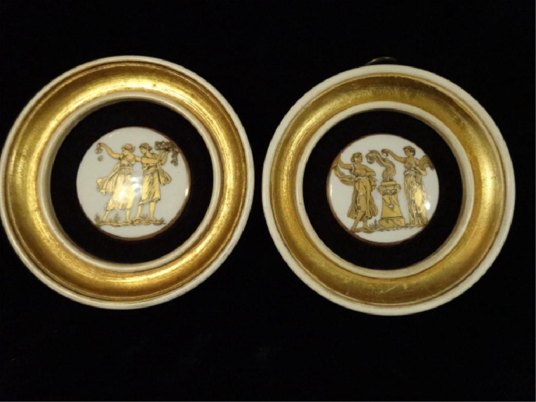 PAIR ROUND PORCELAIN FRAMED PLAQUES, GOLD PAINTED (1 of 2)
