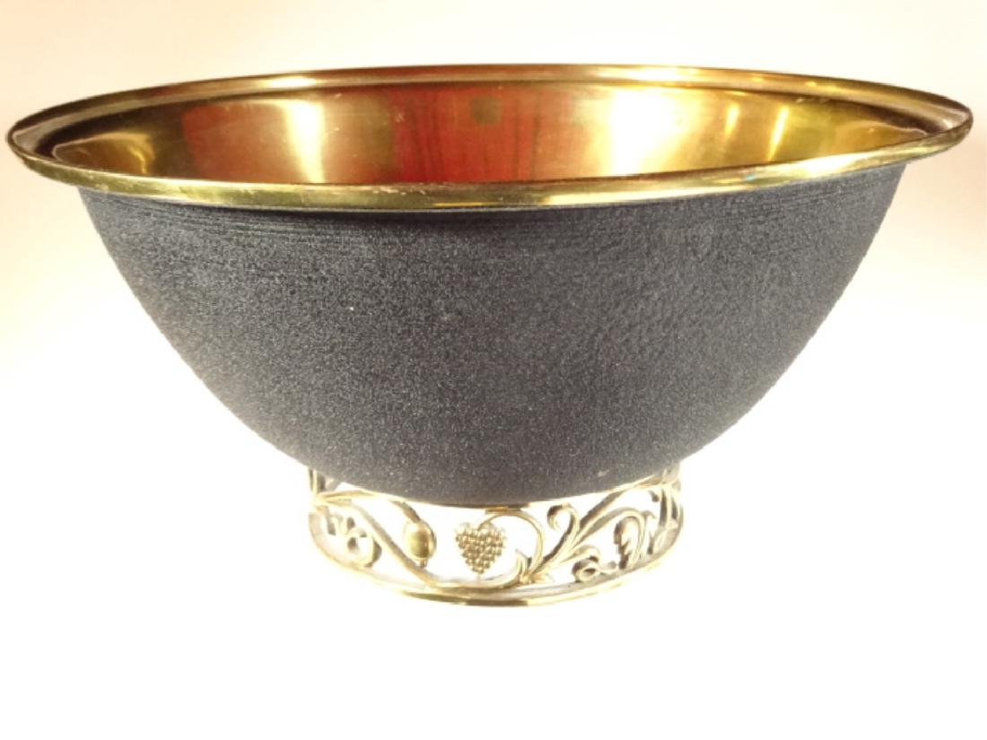 PAL BELL ENAMELED BRASS CENTERPIECE BOWL, BLACK ENAMEL: PAL BELL ENAMELED BRASS CENTERPIECE BOWL, BLACK ENAMEL OVER BRASS WITH FOLIATE OPENWORK BASE, STAMPED WITH PAL BELL MADE IN ISRAEL, VERY GOOD CONDITION, 11.5" X 6", SKU581.16