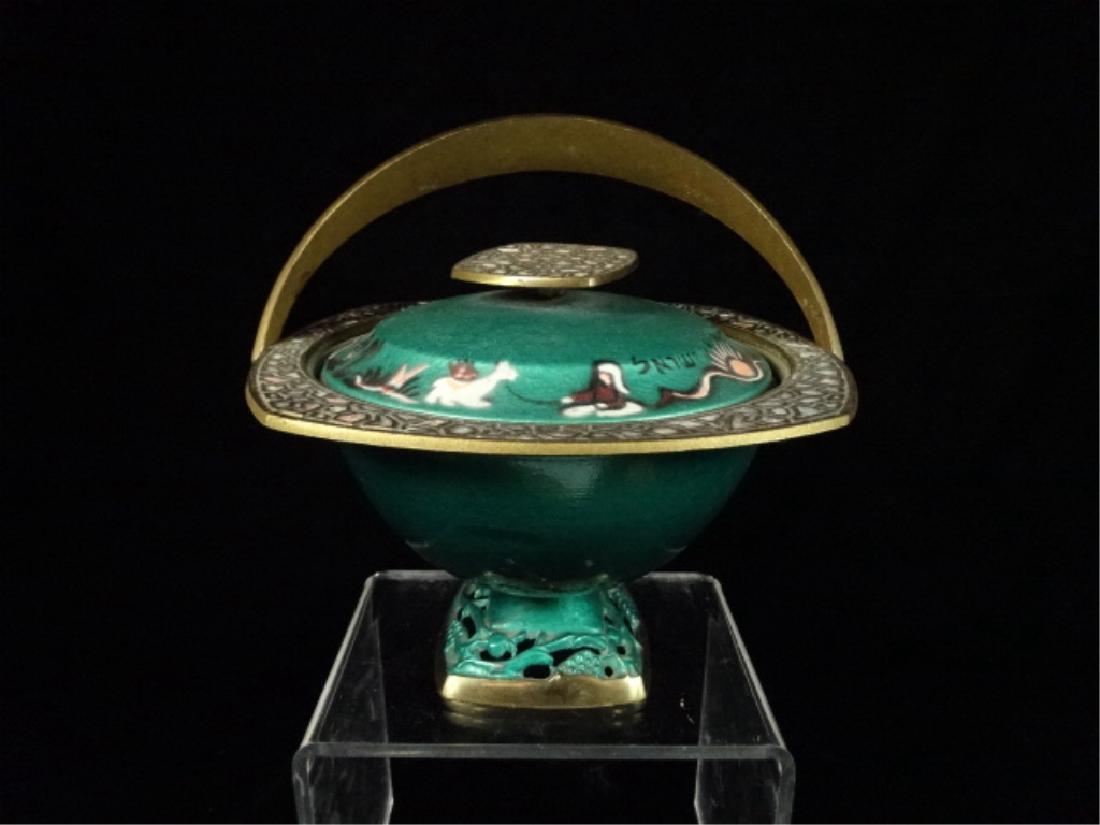 PAL BELL STYLE ENAMEL OVER BRASS BOWL WITH LID AND (1 of 4)