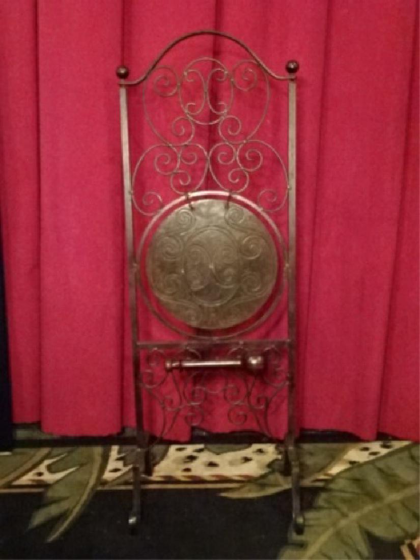 LARGE ASIAN STYLE METAL GONG ON STAND WITH MALLET, VERY (1 of 7)