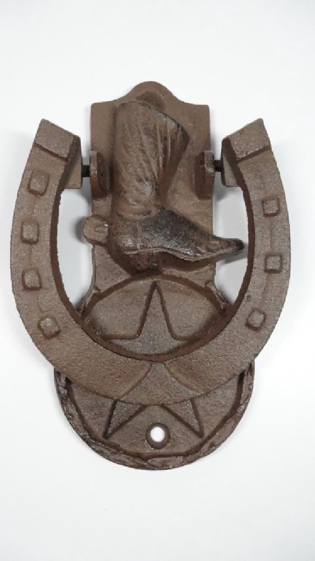 BROWN CAST METAL DOOR KNOCKER, BOOT AND STAR WITH: BROWN CAST METAL DOOR KNOCKER, BOOT AND STAR WITH HORSESHOE, APPROX 6 3/8" X 4 1/8"