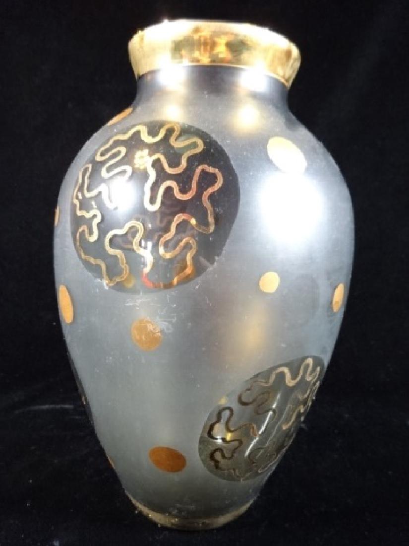 FROSTED GLASS VASE WITH GOLD DETAIL, APPROX 10" X 7": FROSTED GLASS VASE WITH GOLD DETAIL, APPROX 10" X 7"