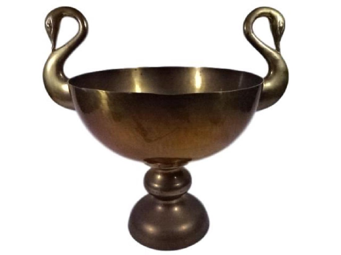 LARGE BRASS SWAN HANDLE PEDESTAL BOWL, VERY GOOD (1 of 5)