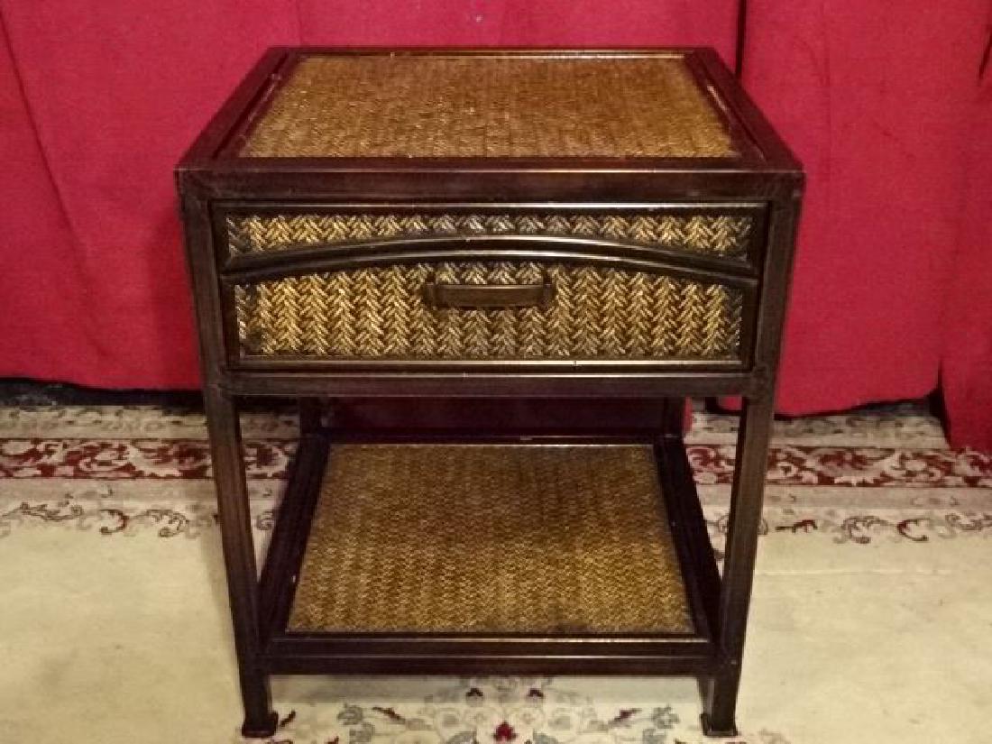 METAL AND RATTAN SINGLE DRAWER TABLE WITH UNDERTIER, (1 of 5)