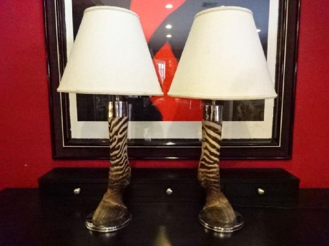 PAIR ZEBRA HOOF TAXIDERMY TABLE LAMPS, SET ON CHROME (1 of 6)
